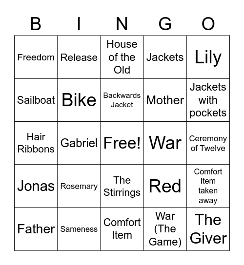 The Giver Bingo Card