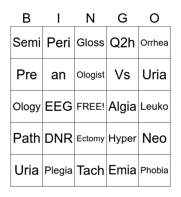 Medical Terminology Bingo Card