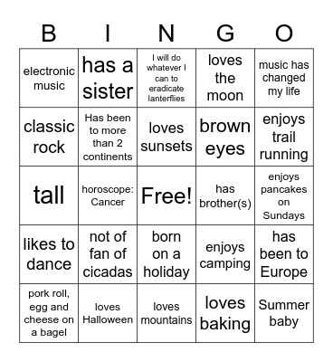 Getting to Know You Bingo Card