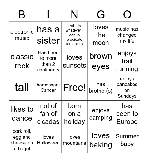 Getting to Know You Bingo Card