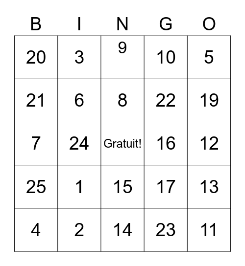 Les Chiffres Bingo Card