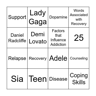 Recovery Month Bingo Card