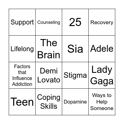 Recovery Month Bingo Card