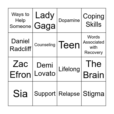 Recovery Month Bingo Card