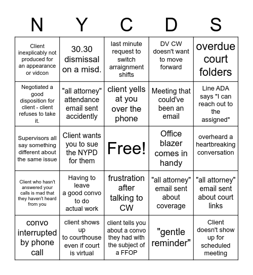 NYCDS Office Bingo Card