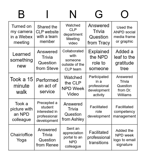 NPD Week 2021 Bingo Card