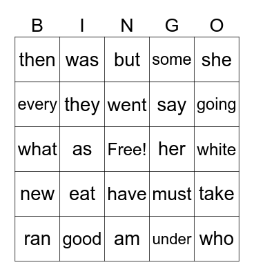 Sight Words Bingo Card