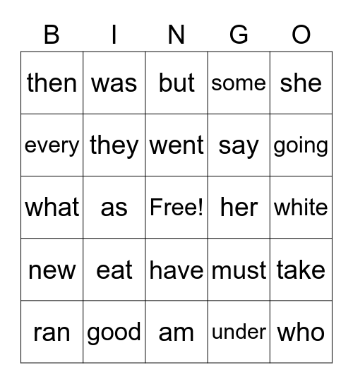 Sight Words Bingo Card