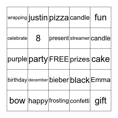 Emma's Birthday  Bingo Card