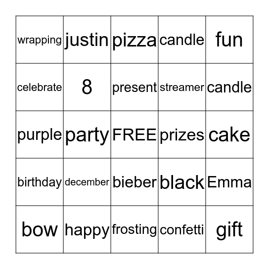Emma's Birthday  Bingo Card