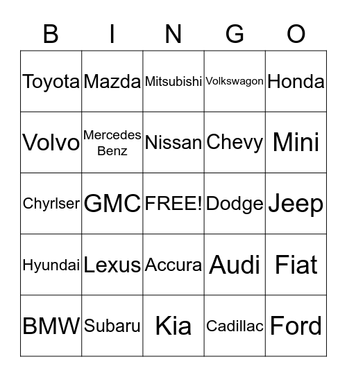 Car Bingo Card