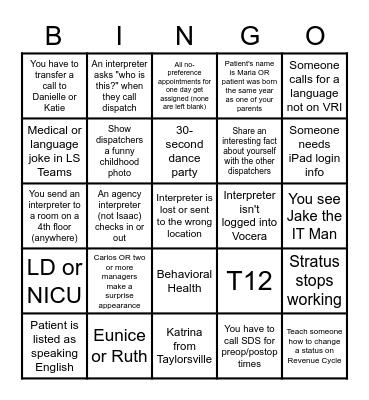 Language Services Dispatch Bingo Card
