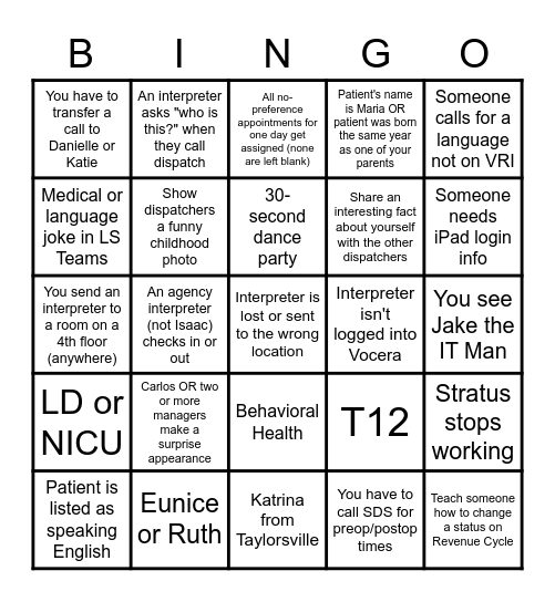 Language Services Dispatch Bingo Card