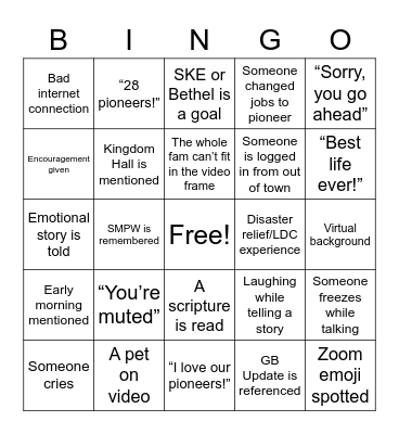 Pioneer Bingo Card
