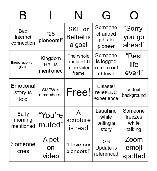 Pioneer Bingo Card