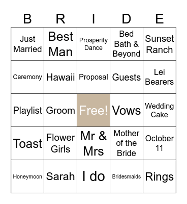 Sarah's Bridal Shower Bingo Card