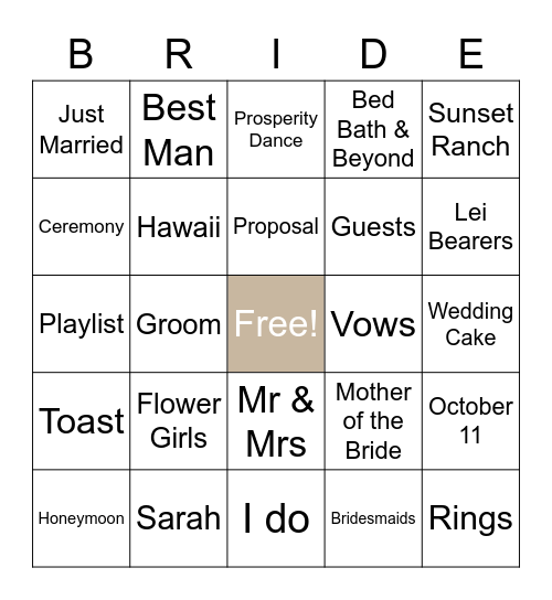 Sarah's Bridal Shower Bingo Card