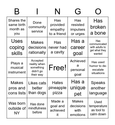 SEL Group Bingo Card