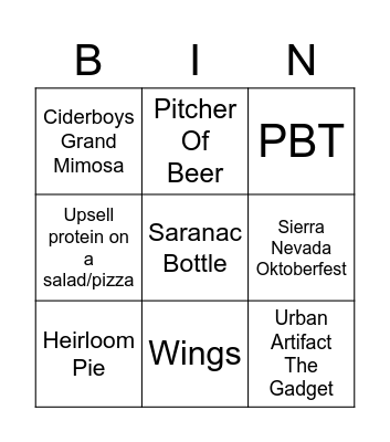 Pies and Pints BINGO Card