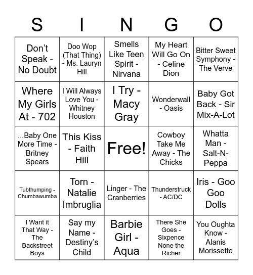 SINGO: 90's Jams Bingo Card