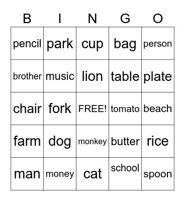 Countable and Uncountable nouns Bingo Card