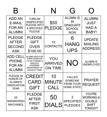 NonDonors Bingo Card