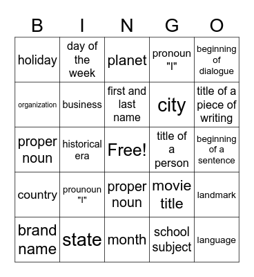 Capitalization Bingo Card