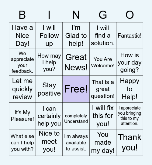 AT YOUR SERVICE Bingo Card