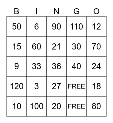3/10 Multiplication Bingo Card