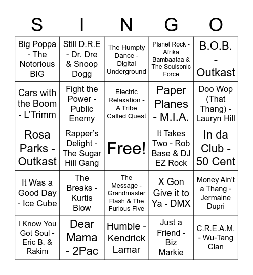 SINGO: Hip-Hop Bingo Card