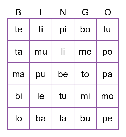 Bingo des syllables Bingo Card