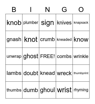 SILENT LETTERS: kn, gn, wr, mb, bt, gh, l Bingo Card