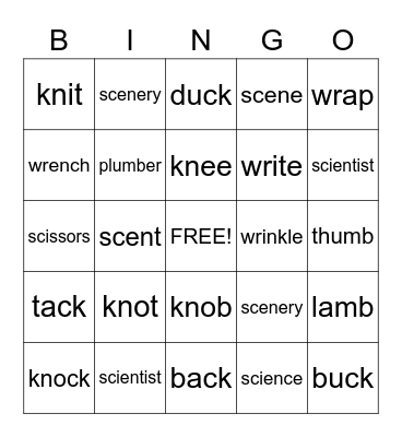 Silent Letter Bingo Card