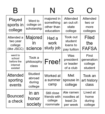 College Week Bingo Card