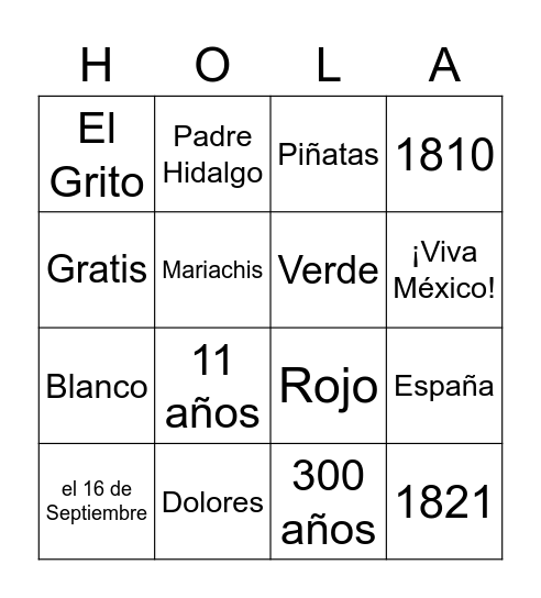 Día de la Independencia de México Bingo Card