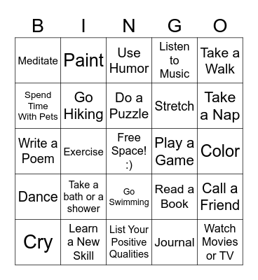 Positive Coping Skills Bingo Card