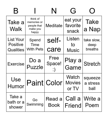 Positive Coping Skills Bingo Card