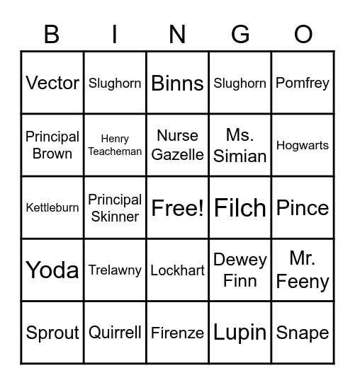 Famous School Characters Bingo Card