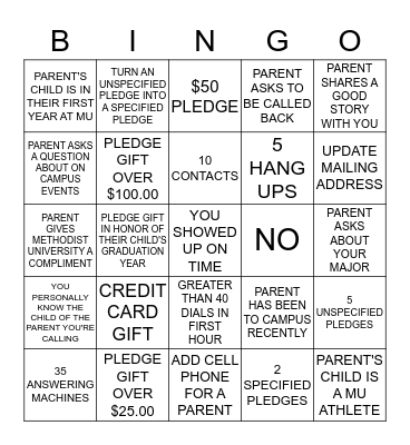 Phonathon Bingo - Parents Bingo Card