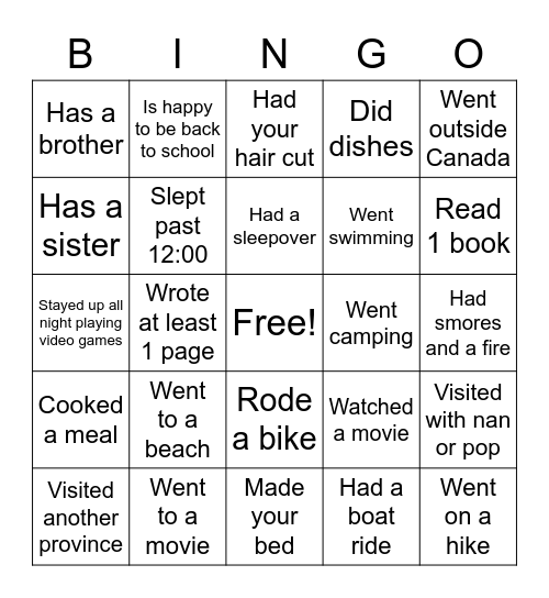 Back To School Bingo Card