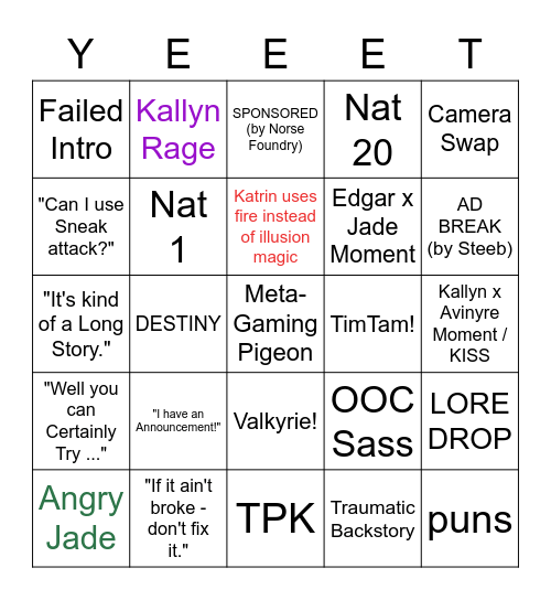 Yeet 4 Initiative Bingo Card