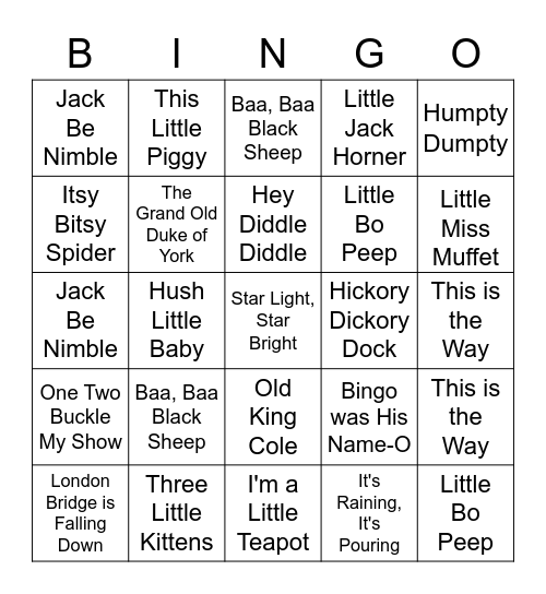 Nursery Rhymes Bingo Card