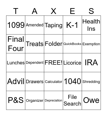 Tax Season Bingo Card