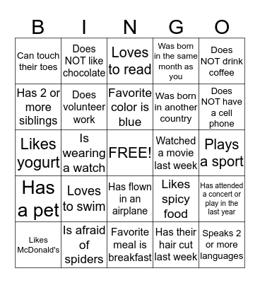 GETTING TO KNOW YOU BINGO Card