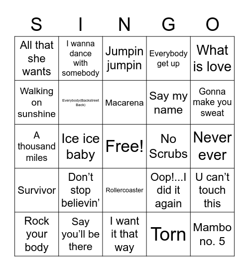 Music Singo Thursday Bingo Card