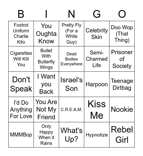 90s Bangerzzz Bingo Card