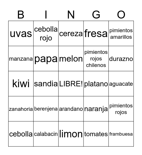 Frutas y Verduras Bingo Card