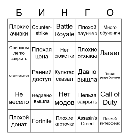 Плохая игра Bingo Card