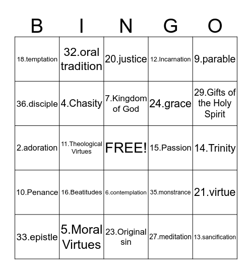 7th Grade Vocab Bingo Card