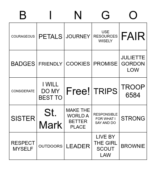 GIRL SCOUTS Bingo Card